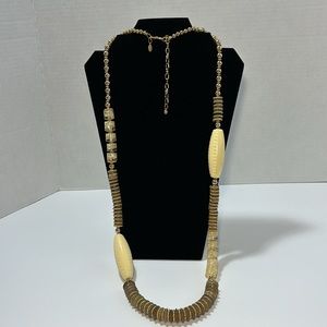 Chico’s Long Chunky Beaded Necklace Cream Gold Tone Acrylic Cylinder Disc Beads
